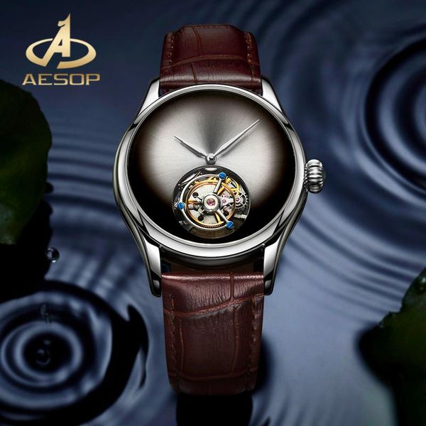 

100%real tourbillon mechanical men's watch silver 316l stainless steel case sapphire glass waterproof clock wristwatches, Slivery;brown