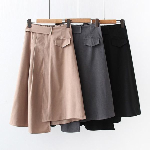 

skirts women solid color irregular skirt faldas mujer vintage casual strethy high waist jupe office ladies elegant chic long, Black