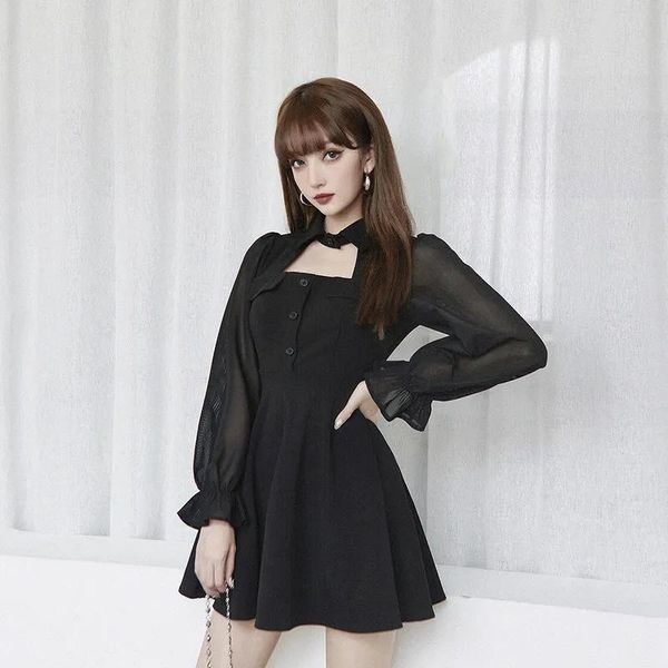 

casual dresses lady mesh spliced long flare sleeve button mini empire streetwear women black gothic cool hollow slim dress 2021, Black;gray