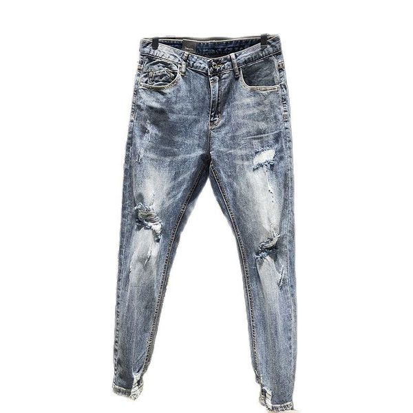 

men's jeans fashion denim skinny men stretch korean 2021 spring autumn casual streetwear distressed ripped holes pants for, Blue