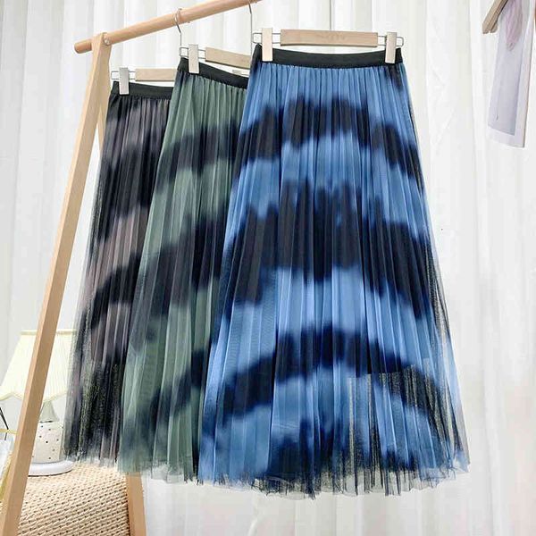 

casual dresses croysier tie dye print mesh tulle skirt streetwear high waist pleated summer clothes for women midi long s womens p, Black;gray