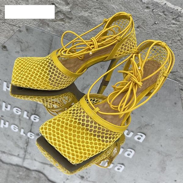 

dress shoes yellow mesh pumps sandals female square toe high heel lace up cross-tied stiletto hollow, Black