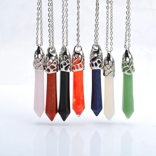 

faux natural stone hexagon prism pendant necklace sweater chain for women gift jewelry with chain birthday present, Silver