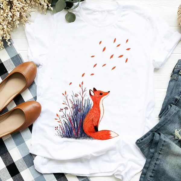 

and women lady cartoon fox men womens watercolor cute 90s trend fashion print shirt clothes graphic female t, White;black