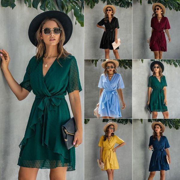 

summer fashion short sleeve womens dresses v neck ruffle lace up belt mini dress casual pollka dot sweet chiffon vestido, Black;gray