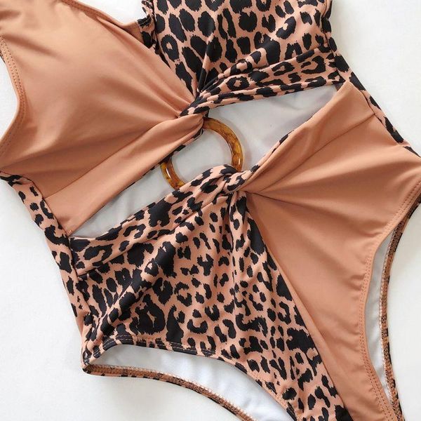 

women's swimwear h9ed women hollow out bikini v-neck color block leopard monokini o-ring swimsuit, White;black