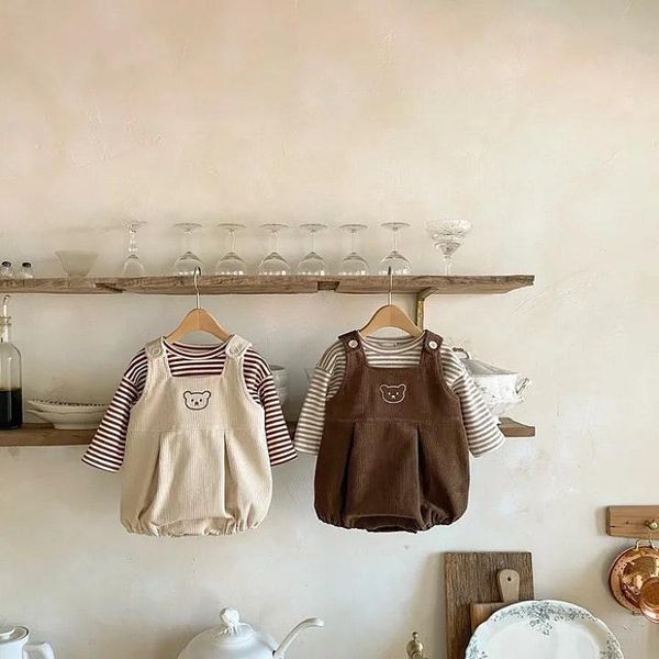 

jumpsuits infant striped long sleeve strap shorts suits boys girls corduroy 2pcs outfits t-shirt crawling overalls sets baby clothes, Blue