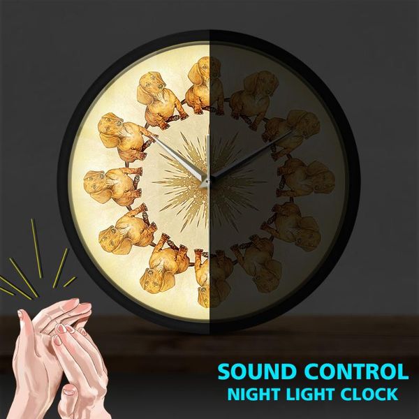 

wieners in a circle sound activated slient wall clock puppy pet dachshund led light shop hanging metal frame round watch clocks