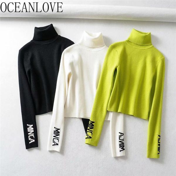 

women's sweaters oceanlove short women embroidery letters turtleneck pullovers autumn winter 2021 fashion slim thin sueter mujer 12674, White;black