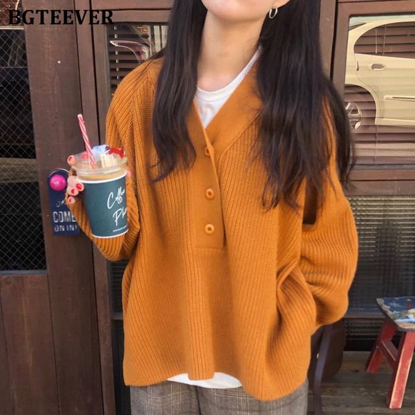 

women's sweaters bgteever casual female pullover jumpers 2021 autumn winter knitting v-neck buttons loose women knitted sweater, White;black