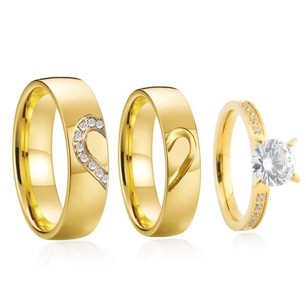 

wedding rings golden 3pcs ladies and gents proposal promise heart engagement set for men women cubic zirconia couple ring, Slivery;golden