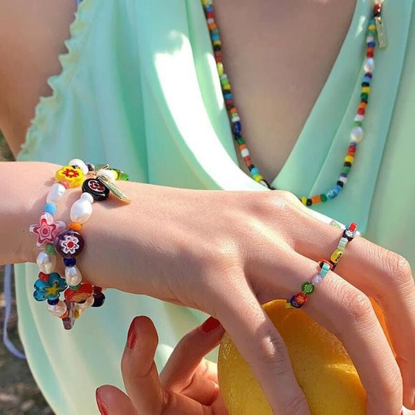 

link, chain aensoa natural glass beads bracelets crystal pearl fashion charming colorful heart flowers waist jewelry for women, Black