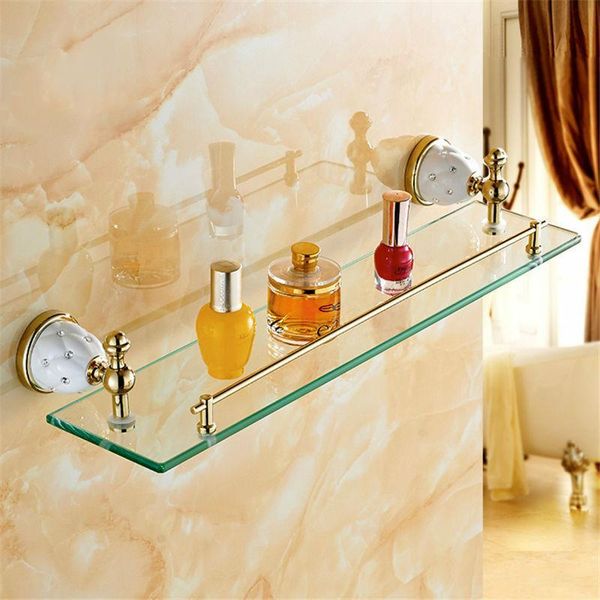 

bathroom shelves solid brass golden shower wall holder shampoo storage rack bath accessories single tempered glass shelf