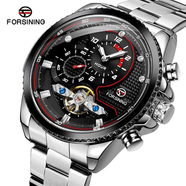 

wristwatches forsining 2021 tourbillon automatic mechanical watches for men steel band mens watch drop montre homme, Slivery;brown