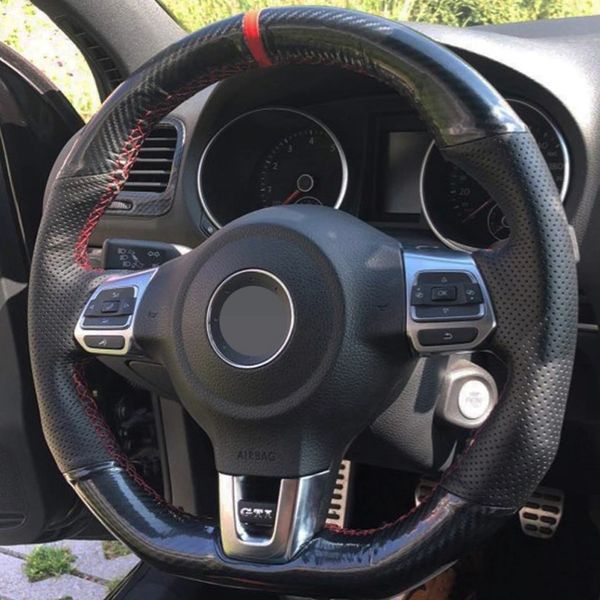 

car steering wheel cover hand-stitched non-slip black carbon fiber leather for volkswagen golf 6 gti mk6 / polo gti / scirocco r