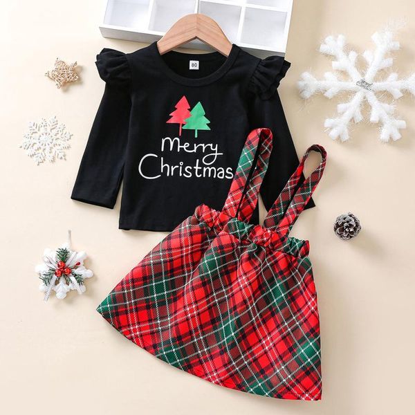 

clothing sets infant kids baby girls halloween/christmas outfits, cute long sleeve t-shirt + plaid suspender skirt headband set gifts, White