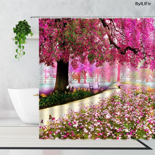 

shower curtains 3d plants flowers red big trees landscape printing trippy forest bathroom decor waterproof wall hanging curtain