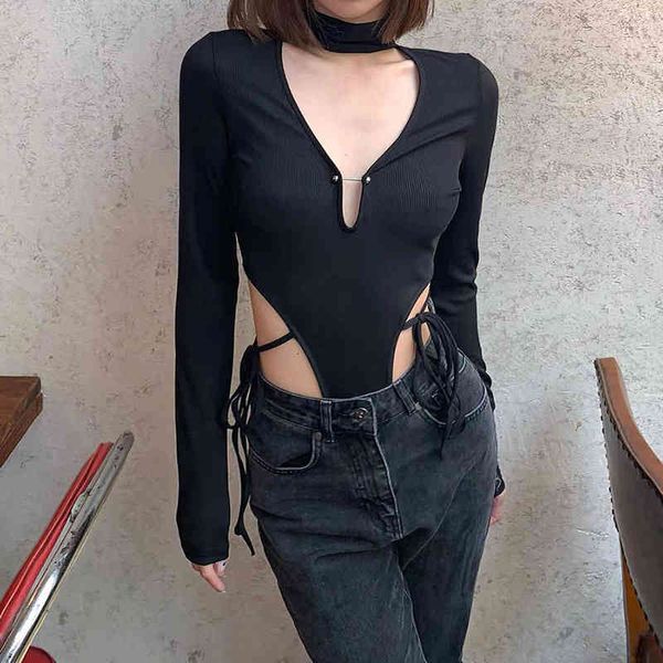 

women low bust bodysuit y2k bandage hollow out long sleeve turtleneck bodycon basic rompers elegant party club outfit 210517, Black;white