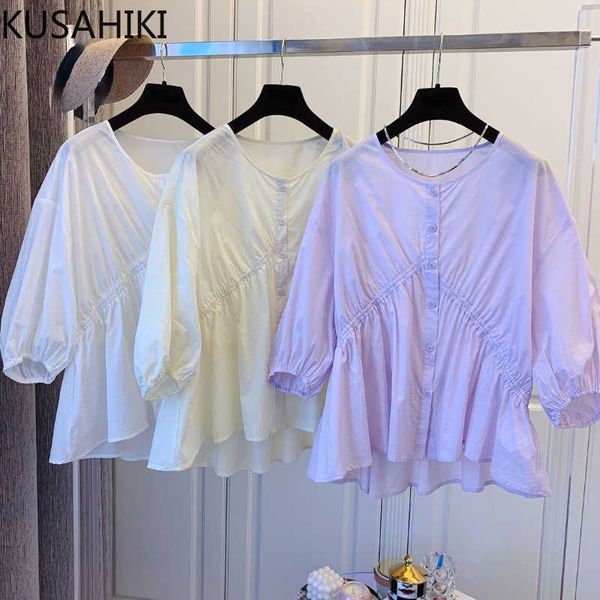 

kusahiki korean causal shirring ruffle blouse shirt half sleeve o-neck women summer sweet blusas femme 6h055 210602, White