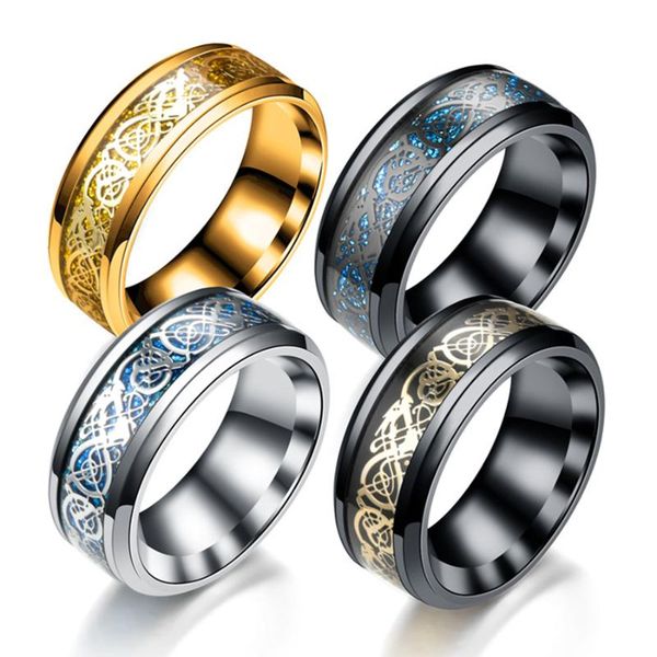 

trendy stainless steel rings men dragon grain inlay black silver color ring hip hop mens party jewelry gift drop cluster, Golden;silver