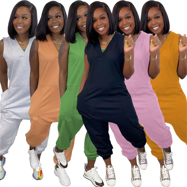 

5xl women v neck jumpsuits solid color rompers casual onesie fashion summer clothing sleeveless bodysuit loose one piece pants 4899, Black;white