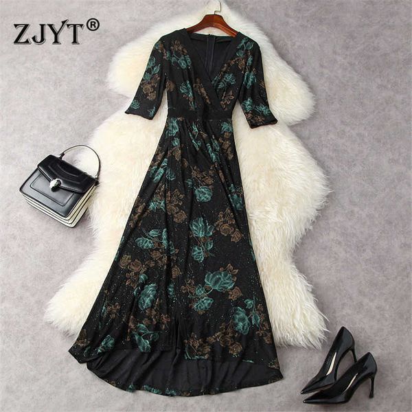 

fashion women summer designers vintage floral print long asymmetrical dress holiday party robe femme v neck elegant vestidos 210601, Black;gray