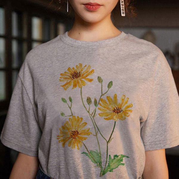 

women's t-shirt 2021 summer grey harajuku aesthetic patchwork wildflower print short sleeve fashion casual flower, White