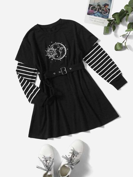 

girls sun & moon print belted 2 in 1 dress she, Red;yellow