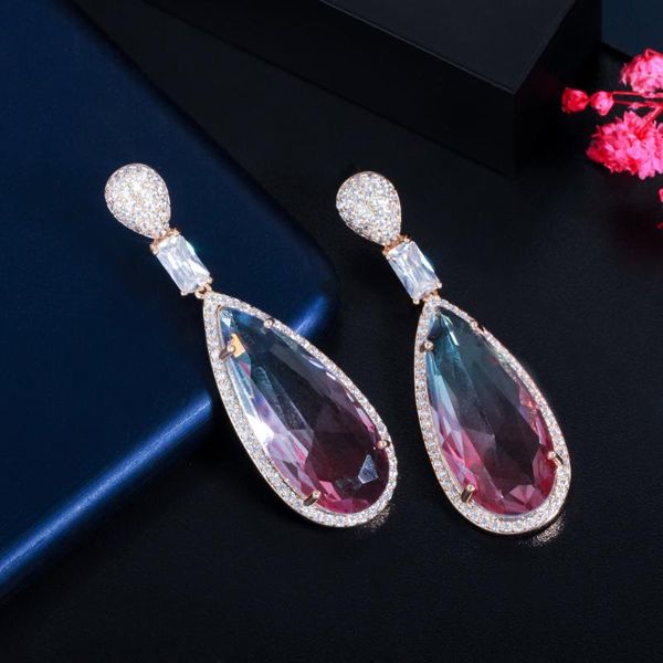 

stud 2021 fashion retro gradient purple water drop pierced earrings exquisite crystal zircon female wild romantic gift, Golden;silver