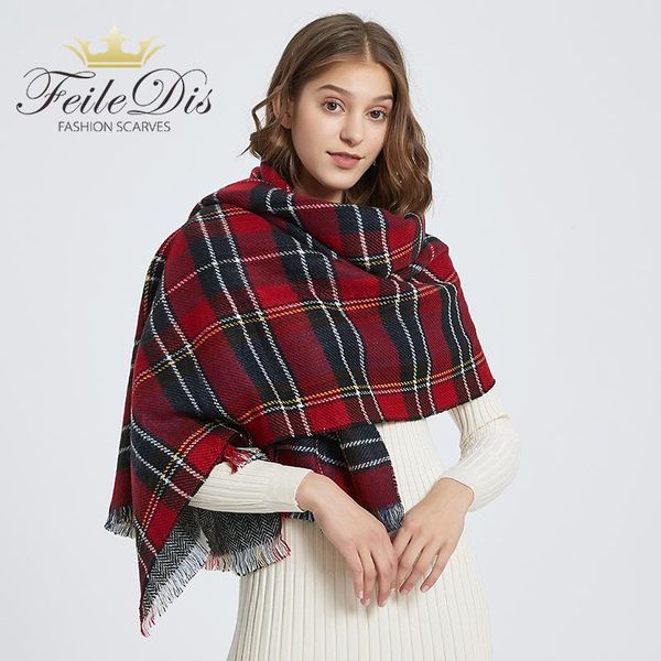 

scarves [feiledis] classic plaid scarf thick soft big lady sweet warm couple temperament long fresh cute knit shawl, Blue;gray