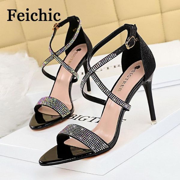 

sandals feichiic fashion nightclub slim stiletto high-heeled open-toed rhinestone word with banquet women's shoes summer, Black