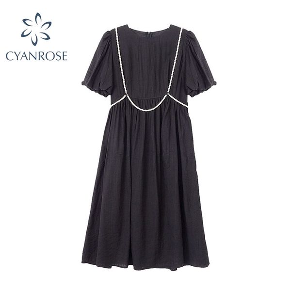 

summer fashion women beading design black cotton dresses o- neck puff sleeve street leisure lady knee-length loose dress 210430, Black;gray