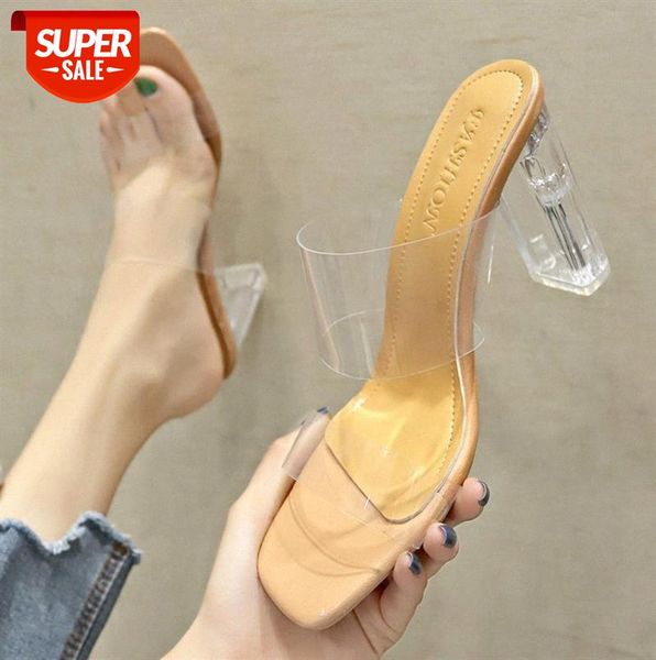 

net red word with transparent high-heeled sandals women fashion crystal thick-heeled and slippers for outside wear #w59f, Black
