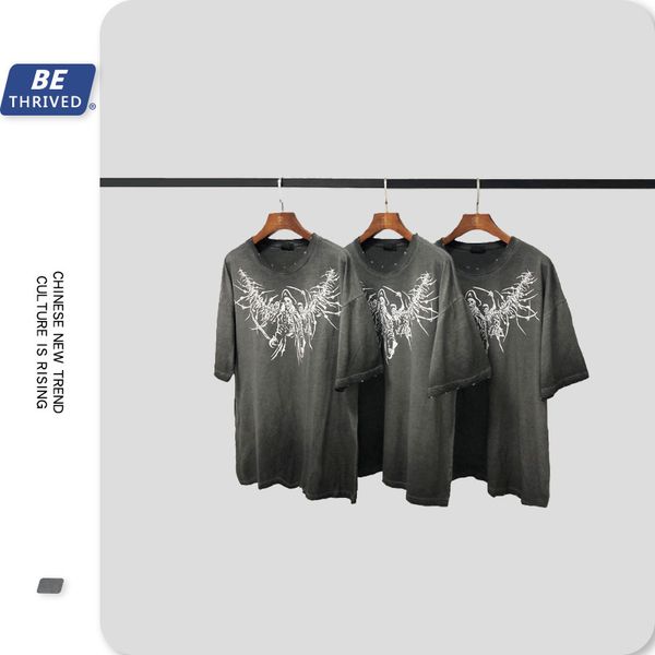 

be men's wear | 2021 spring and summer aging black short sve fashion brand dark hook captain high street t-shirt, White;black