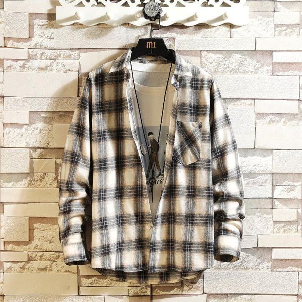 

men's casual shirts brand 2021 spring autumn long sleeves flannel collar korea style shirt for plaid harajuku clothing, White;black