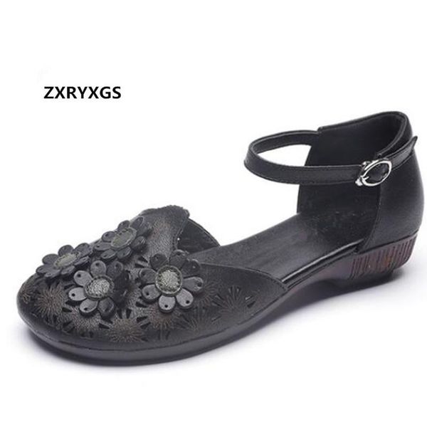 

ethnic style summer leather sandals flat soft bottom flower cowhide hollow fashion casual shoes non-slip mom, Black