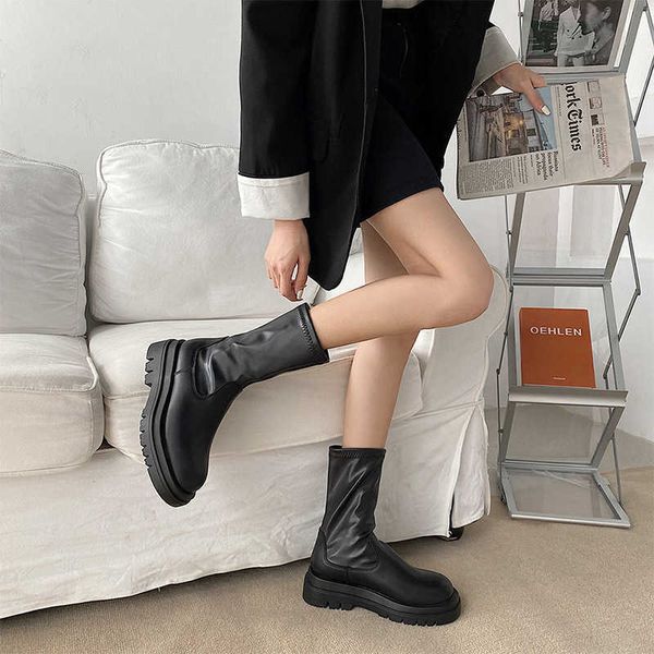 

new fashion women's boots slip on ankle mid calf boot pu leather comfor outdoor ladies shoes non slip soft footwear woman y0914, Black