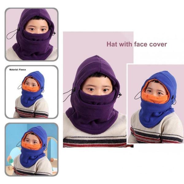 

berets autumn winter 3-12 years cute solid drawstring cap scarf boys girls children face cover thicken for cycling, Blue;gray