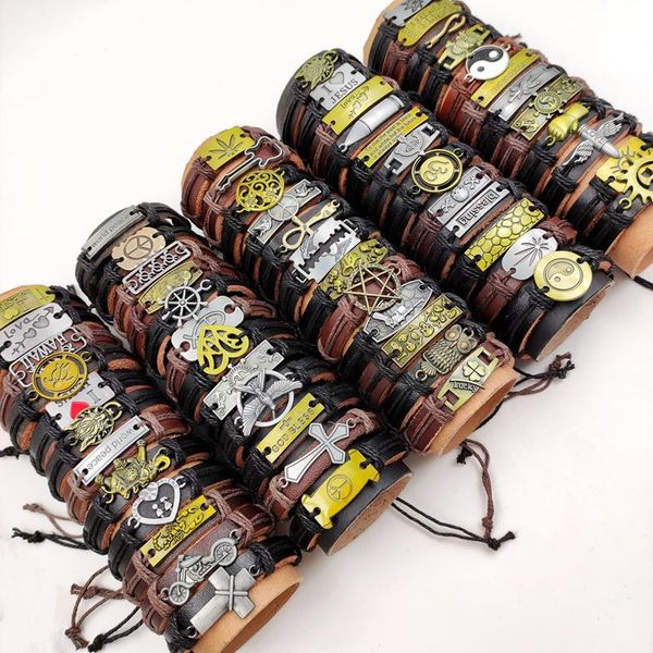 

bangle fashion 12pcs/barreled leather bracelets chains mix metal handmade weave retro cowhide cuff men's women's jewelry gifts, Black