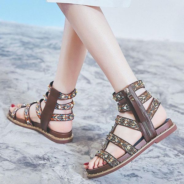

teahoo summer retro women gladiator sandals genuine leather roman shoes comfortable open toe flat mujer, Black