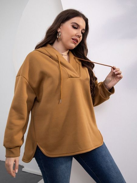 

plus drop shoulder slit hem drawstring hoodie l362#, Black