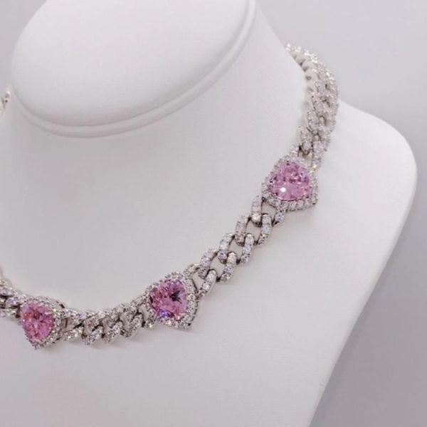 

12mm iced out bling cz miami cuban link chain heart necklace rainbow pink hearts charm choker women hip hop jewelry chokers, Golden;silver