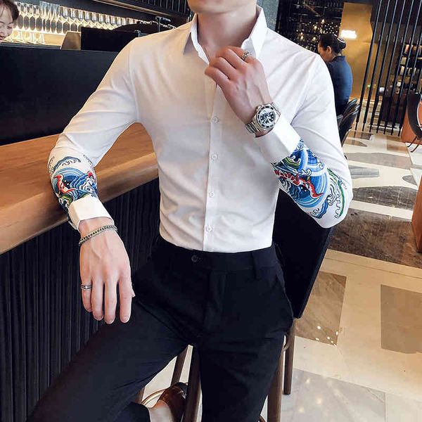 

men's casual shirts moda de alta qualidade impresso manga longa camisas roupas masculinas coreano magro ajuste clube streetwear preto/b, White;black