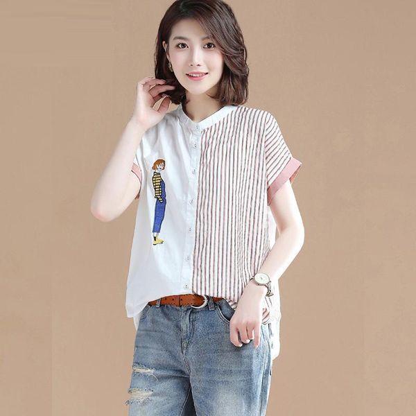 

women's blouses & shirts summer korea fashion women short sleeve loose striped all-matched casual embroidery blouse femme plu, White