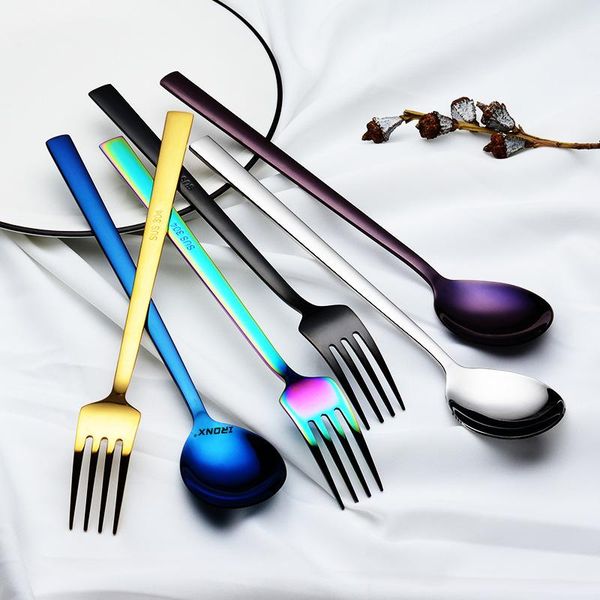 

dinnerware sets 1pcs 304 stainless steel cutlery korean square handle color fork spoon coated silverware set kitchen tableware