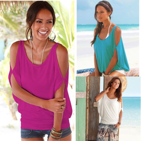 

fashion women tos bare shoulder t shirt blouse loose batwing tee open cold shoulder top, White