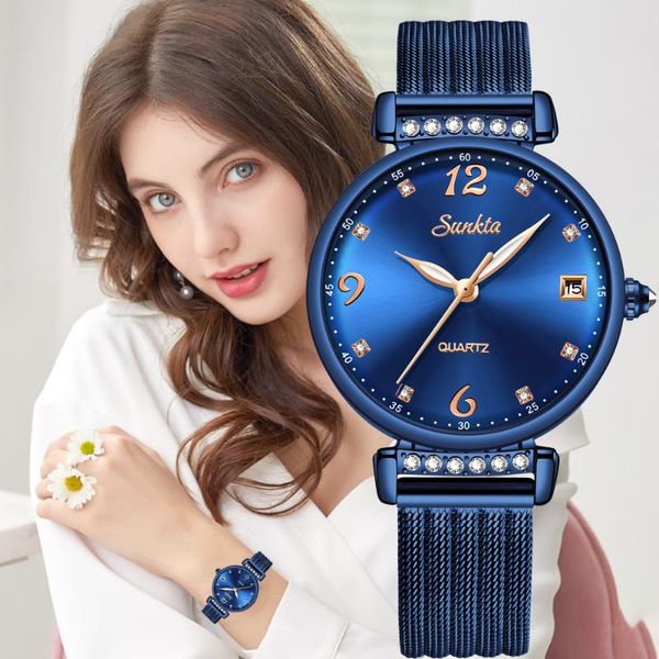 

wristwatches lige brand sunkta women watches luxury fashion mesh belt ladies quartz watch sport wrist blue clock relogio feminino, Slivery;brown