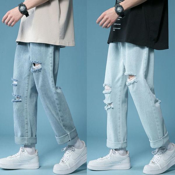 

men's jeans blue ripped spring summer thin overalls loose washed denim trousers casual trendy nine-point straight wide-leg pants