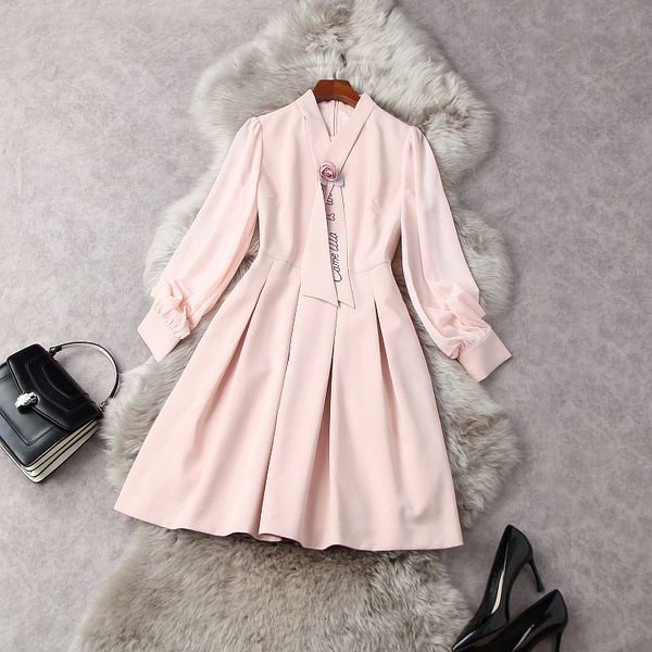 

casual dresses european and american women's clothing spring flower tie with long sleeves fashion pink pleated dress ap7m, Black;gray