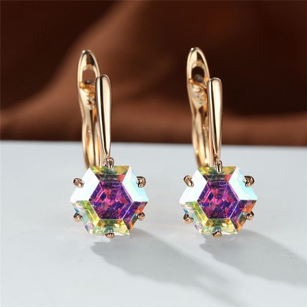 

hoop & huggie antique rose gold color wedding earrings dainty multicolor crystal rainbow zircon hexagon stone for women, Golden;silver